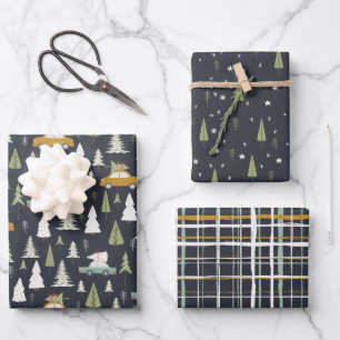 Feuille De Papier Cadeau Voitures rétro Noël Bois Arbres Gris Noir