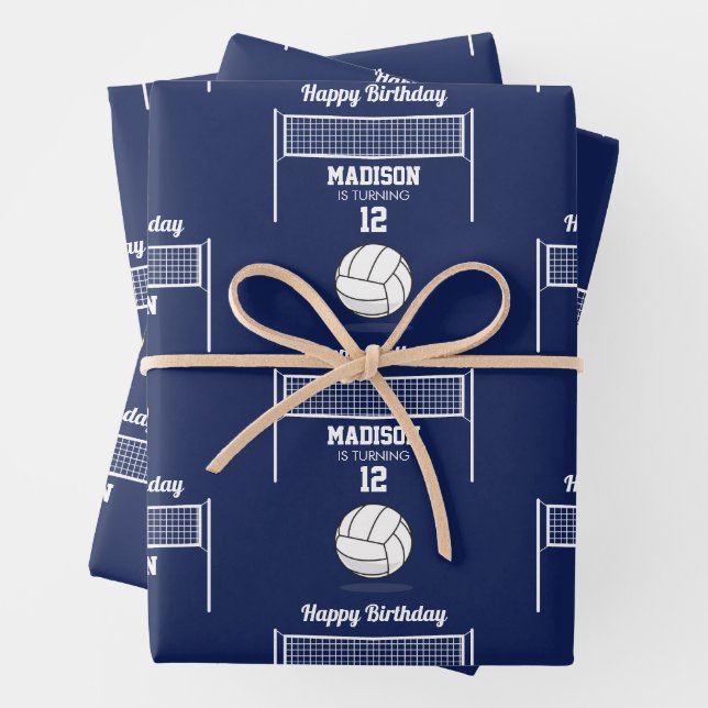 Feuille De Papier Cadeau Volleyball Ball & Net Marine Blue Anniversaire Nom (En situation)