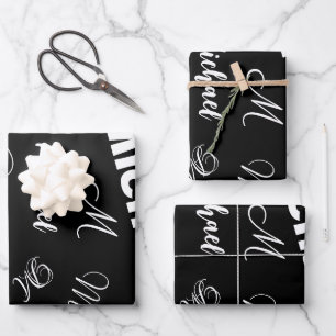 Feuille De Papier Cadeau Votre nom et monogramme motif personnalisé noir