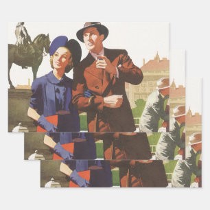 Feuille De Papier Cadeau Voyage Vintage, Touristes en Vacances Visite Touri