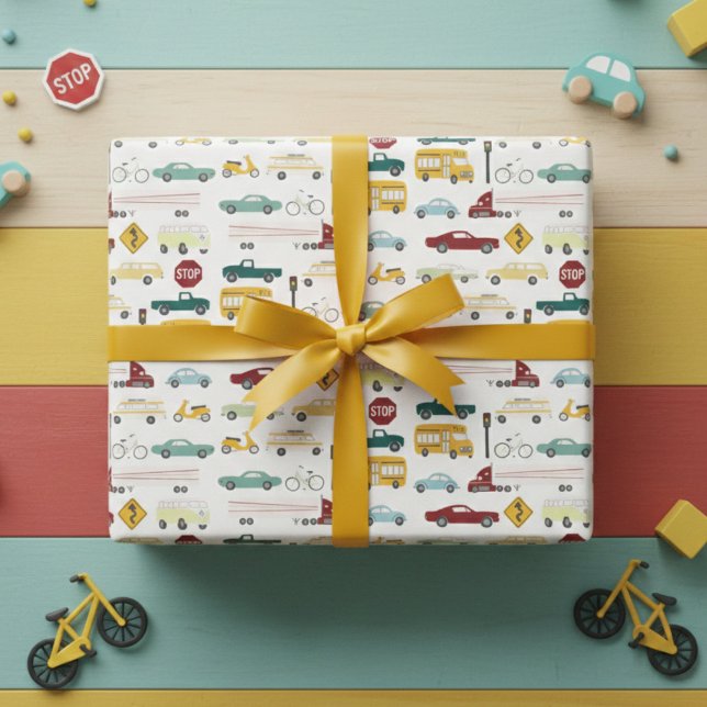 Feuille De Papier Cadeau Vroom ! Motif de la circulation Voitures Camions A (Vroom! Traffic Pattern Cars Trucks Bus Bike Birthday Wrapping Paper Sheets
)