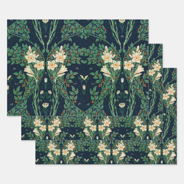 Feuille De Papier Cadeau Walter Crane White Lily-Blue Back (Lot)