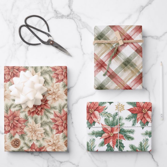 Feuille De Papier Cadeau Warm Red Green Christmas Floral Stripes (Recto)