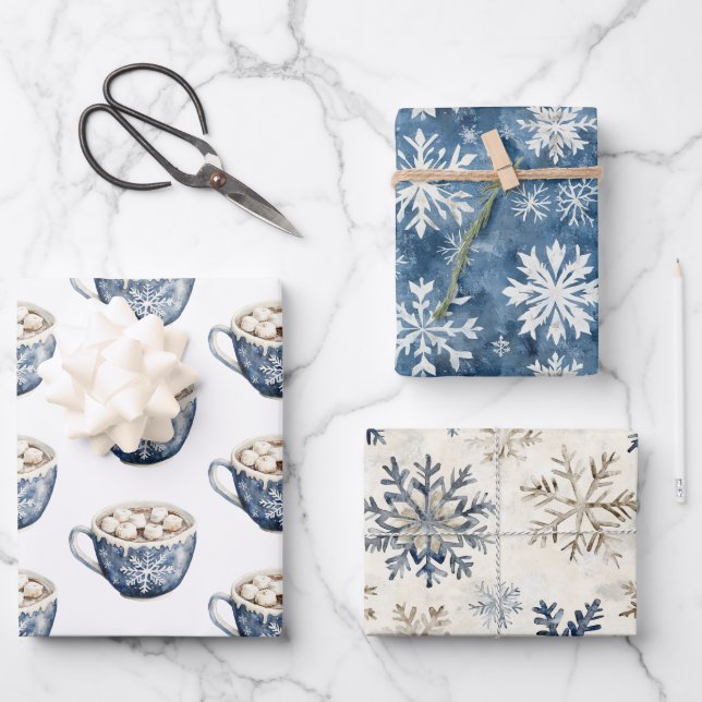 Feuille De Papier Cadeau Warm Wishes Cocoa Marshmallow Snowflakes Christmas (Recto)