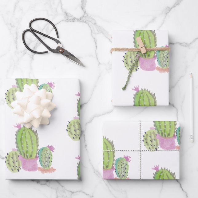 Feuille De Papier Cadeau Watercolor Cactus Plant Green Pink (Recto)