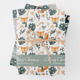 Feuille De Papier Cadeau Watercolor Fox Motif Joyeux Monogramme de Noël