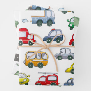 Feuille De Papier Cadeau Watercolor Funny Cars Motif
