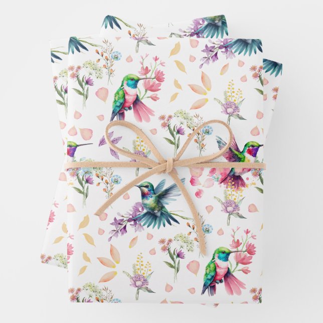 Feuille De Papier Cadeau Watercolor Hummingbird & Wildflower (En situation)