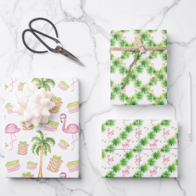 Feuille De Papier Cadeau Watercolor Pink Flamingo Beach Christmas (Recto)