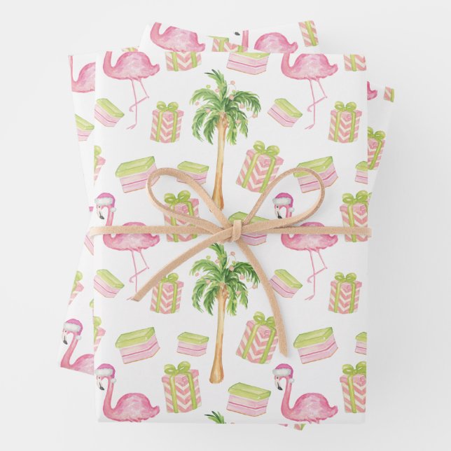 Feuille De Papier Cadeau Watercolor Pink Flamingo Beach Christmas (En situation)