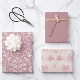 Feuille De Papier Cadeau Watercolor Pink Snowflake Reindeer Tree Christmas 