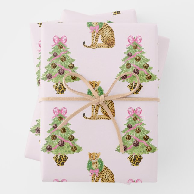 Feuille De Papier Cadeau Watercolor Preppy Leopard Christmas Tree (En situation)