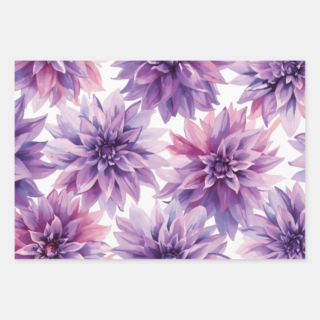 Feuille De Papier Cadeau Watercolor Purple Dahlia Flowers  (Devant)