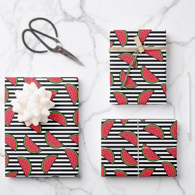 Feuille De Papier Cadeau Watermelon sur Motif Black & White Stripes (Recto)