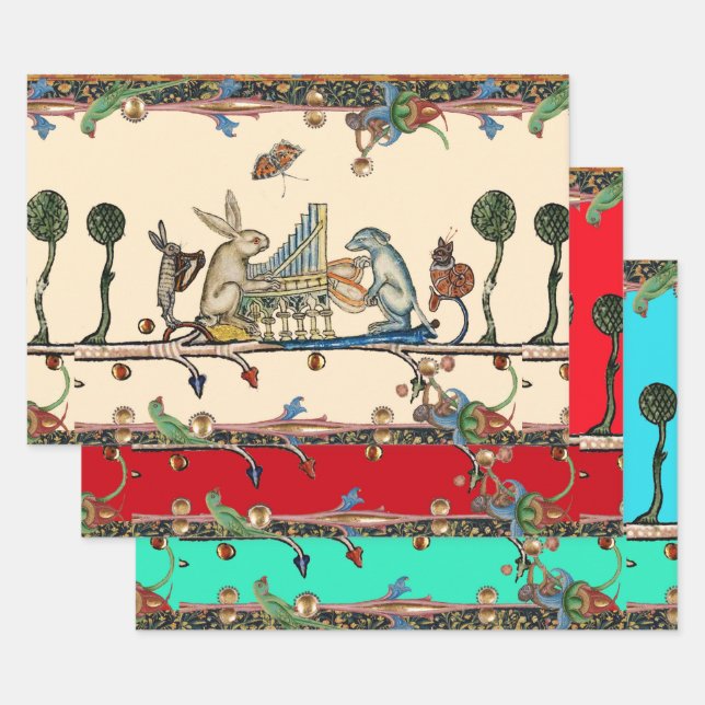 Feuille De Papier Cadeau WEIRD MÉDIÉVAL DE LA MUSIQUE, Lapin, Chien (Lot)