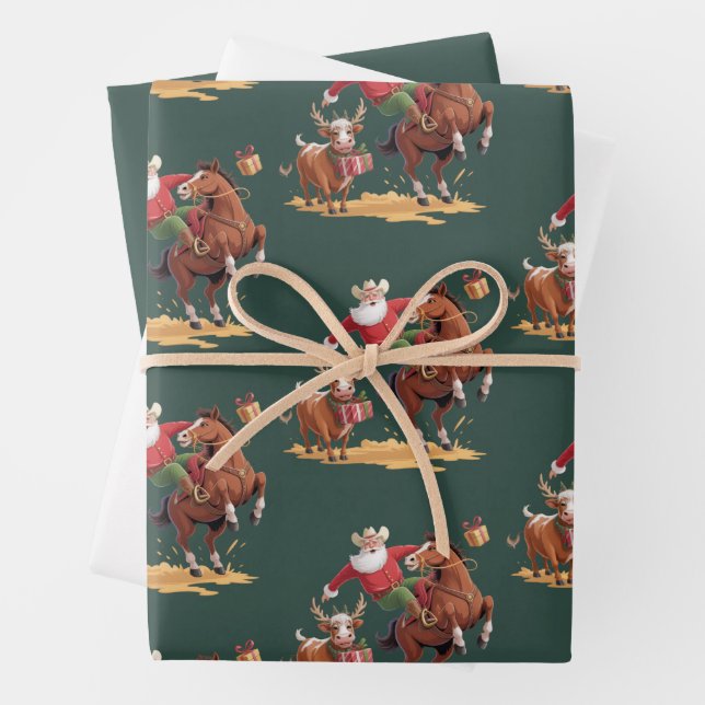 Feuille De Papier Cadeau Western Cowboy Santa Xmas Rodeo Horse & Reindeer  (En situation)