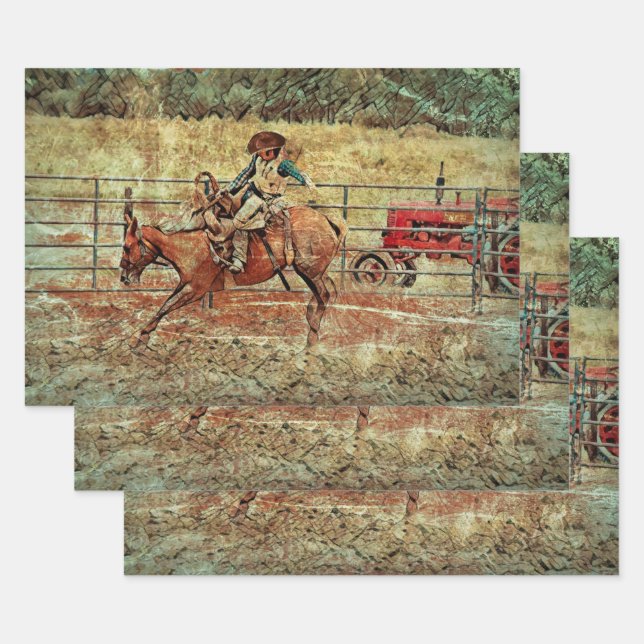 Feuille De Papier Cadeau Western Rodeo Country Horse équitation Texture (Lot)