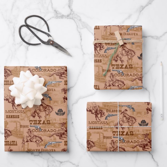 Feuille De Papier Cadeau Western Rodeo Cowboy Cowhand 6 tireur (Recto)