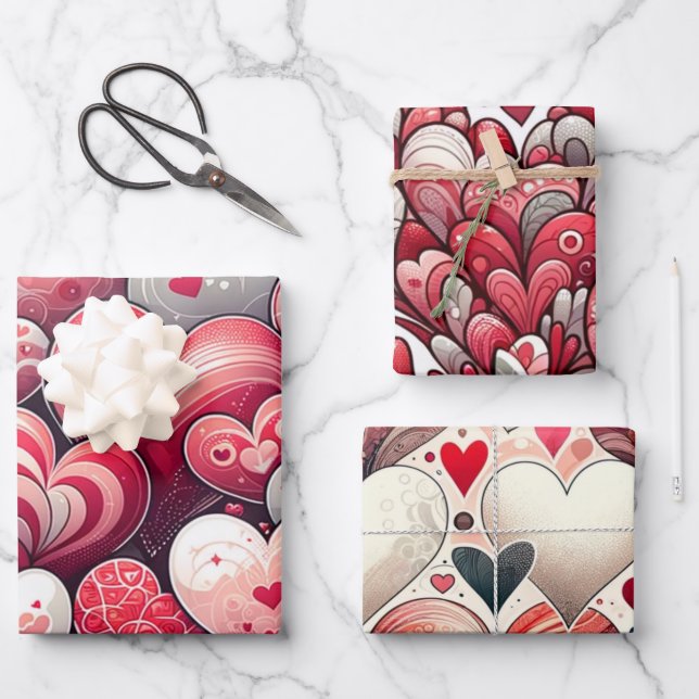 Feuille De Papier Cadeau Whimsical Artsy Fancy Grey et Red Valentine's Day (Recto)