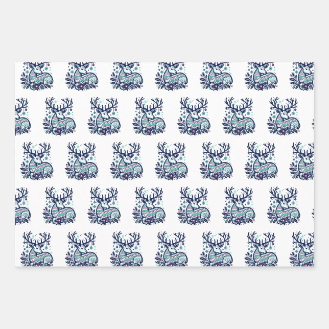 Feuille De Papier Cadeau Whimsical Christmas Deer Vector Clipart - Festive (Devant)