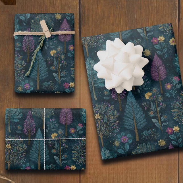Feuille De Papier Cadeau Whimsical Christmas Tree Purple and Teal Pattern  (Créateur téléchargé)