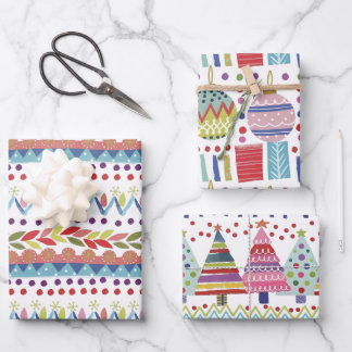 Feuille De Papier Cadeau Whimsical Colorful Hand-Painted Christmas