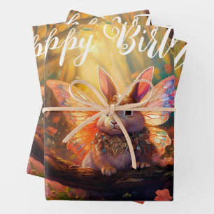 Feuille De Papier Cadeau Whimsical lapin enchanted forêt Joyeux anniversair