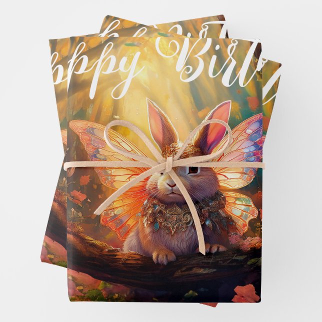 Feuille De Papier Cadeau Whimsical lapin enchanted forêt Joyeux anniversair (En situation)