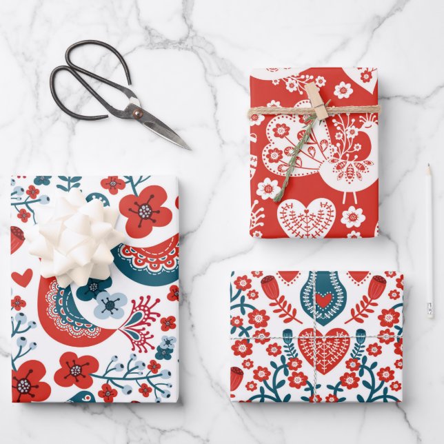 Feuille De Papier Cadeau Whimsical Nordic Christmas Birds (Recto)