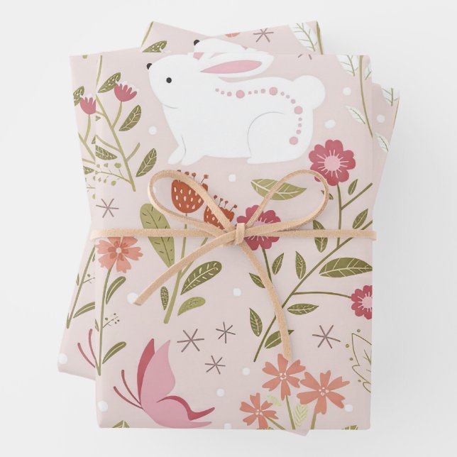 Feuille De Papier Cadeau Whimsical Pink Rabbit and Floral Meadow (En situation)