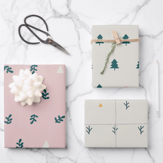 Feuille De Papier Cadeau Whimsical rose scandinave Noël Botanique (Recto)