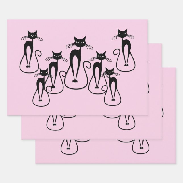 Feuille De Papier Cadeau Whimsical Skinny Chat noir rose (Lot)