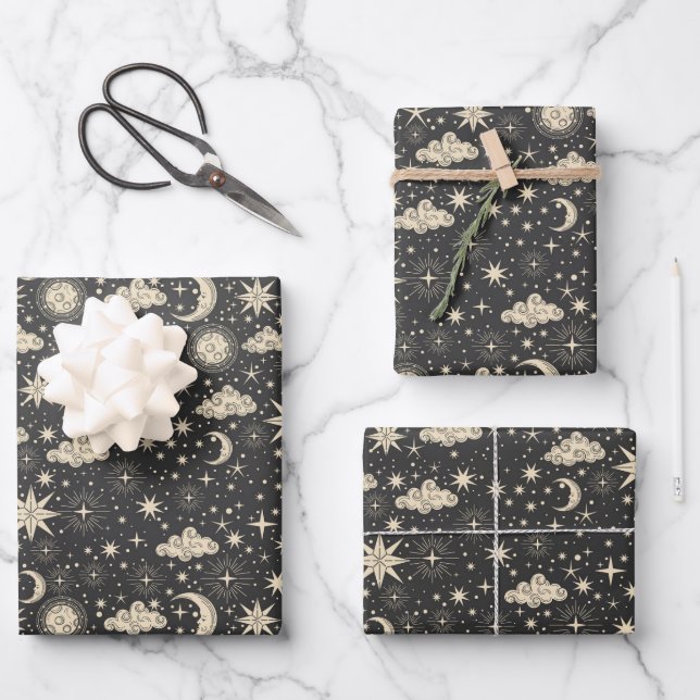 Feuille De Papier Cadeau Whimsical Star Moon Planètes Nuages (Recto)