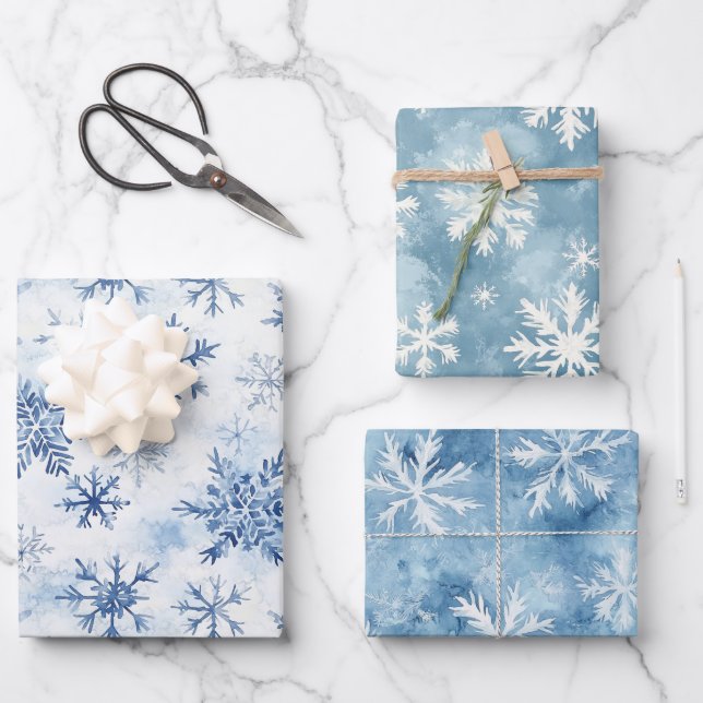 Feuille De Papier Cadeau White Blue Christmas Winter Snowflakes (Recto)