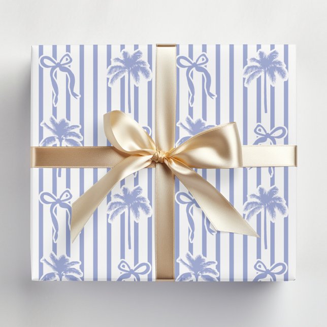 Feuille De Papier Cadeau White Blue Coastal Palm Trees Bows Stripes Pattern (In situ)