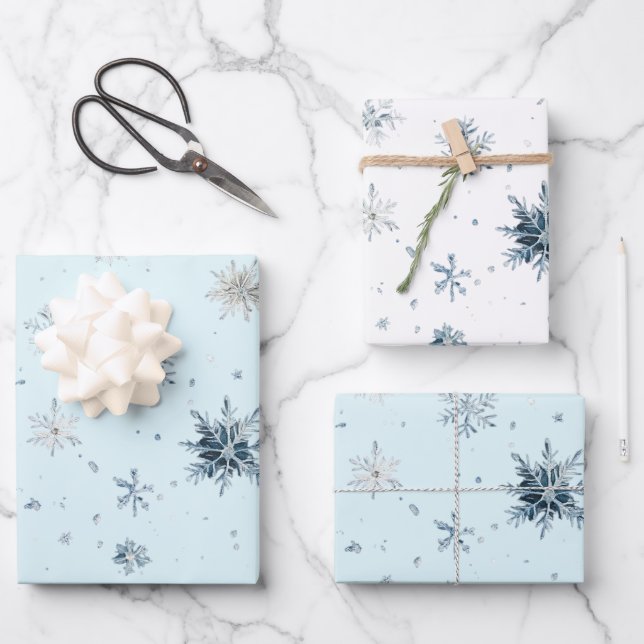 Feuille De Papier Cadeau White Blue Snowflakes Christmas (Recto)
