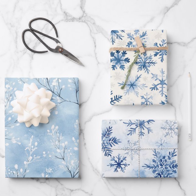 Feuille De Papier Cadeau White Blue Snowflakes Winter Christmas (Recto)