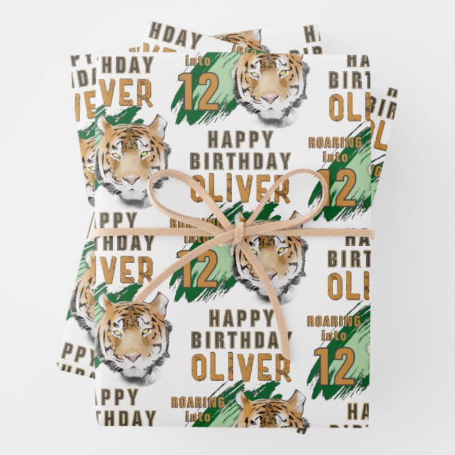 Feuille De Papier Cadeau Wild Tiger Head Watercolor Birthday  (En situation)