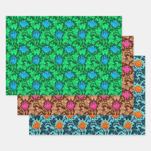 Feuille De Papier Cadeau William Morris Anemone, vert, Brown et bleu (Lot)