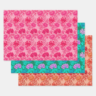 Feuille De Papier Cadeau William Morris Chrysanthemums, rose, aqua et corai
