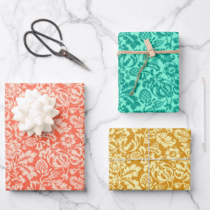 Feuille De Papier Cadeau William Morris Damassé Corail, Turquoise et Or
