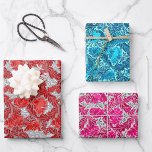 Feuille De Papier Cadeau William Morris Floral, Rouge, Turquoise et Fuchsia