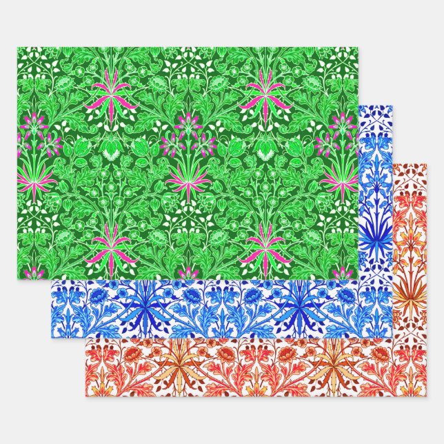 Feuille De Papier Cadeau William Morris Hyacinths, Lime, Bleu et Orange  (Lot)