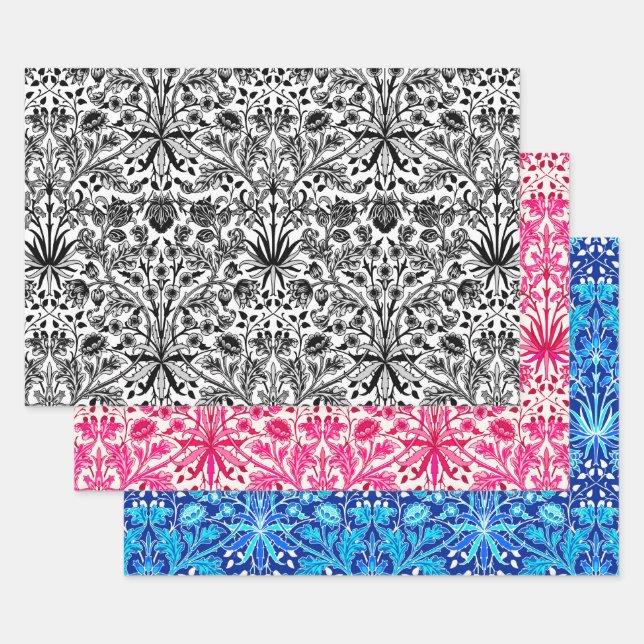 Feuille De Papier Cadeau William Morris Hyacinths, noir/blanc, rose, bleu (Lot)