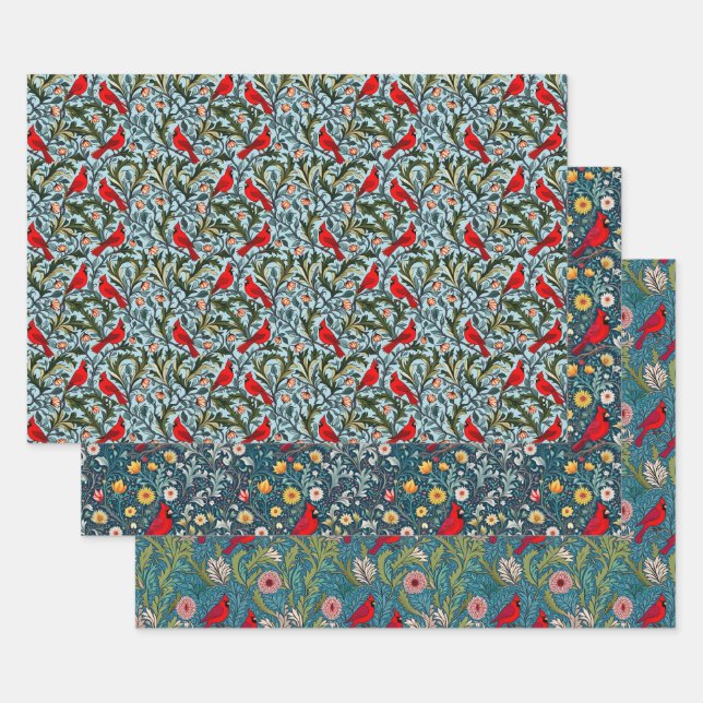 Feuille De Papier Cadeau William Morris Inspiré Cardinaux, Vins & Fleurs (Lot)