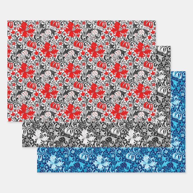Feuille De Papier Cadeau William Morris Iris et Lily, Red, Back & Indigo (Lot)