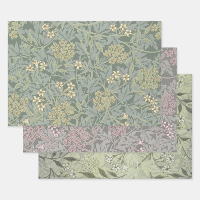 Feuille De Papier Cadeau William Morris Jasmine Bleu Vert Art Botanique (Lot)