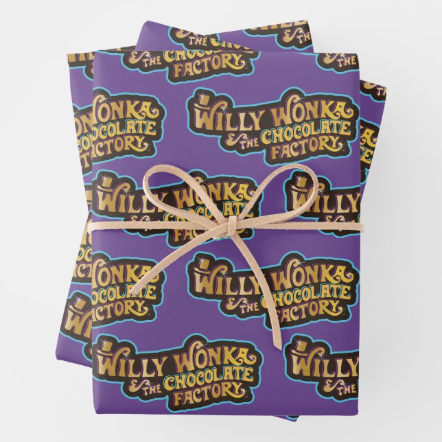 Feuille De Papier Cadeau Willy Wonka et le logo de l'usine de chocolat (En situation)
