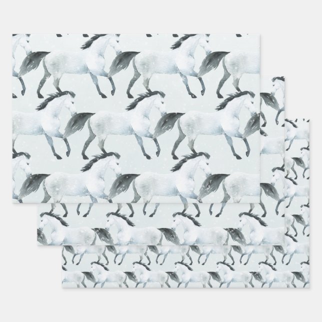 Feuille De Papier Cadeau Winter Blue Snowy White Horse (Lot)