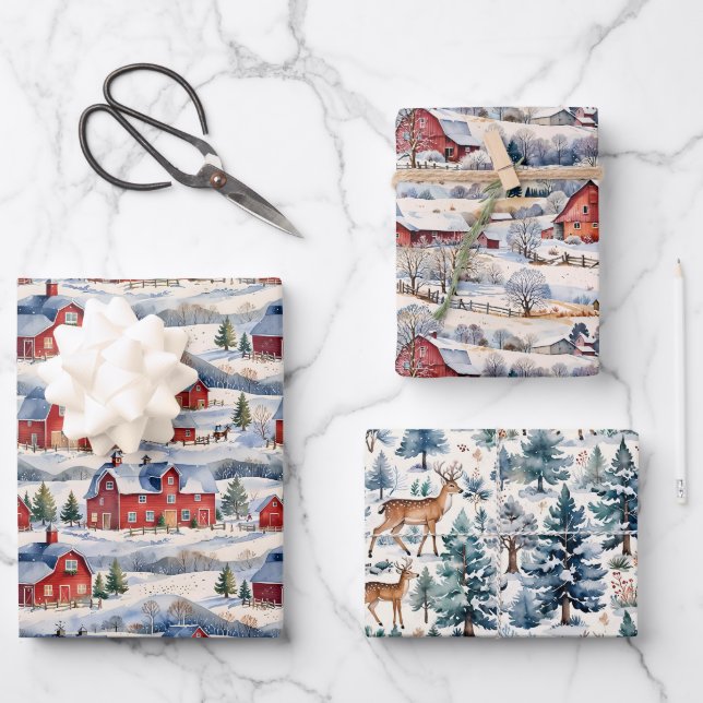 Feuille De Papier Cadeau Winter Country Farm & Red Barnes (Recto)